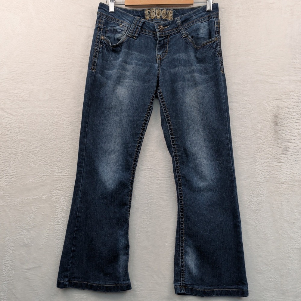 VTG Truce Jeans Womens 34x30 Blue Low Rise Flare Stretch Embroidered Pockets Y2K